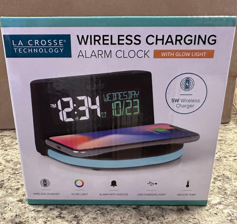 La Crosse Wireless Charging Alarm Clock with Glow Light 617-148 Black